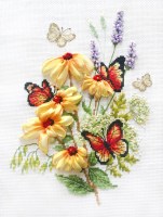 Эхинацея и бабочки- Набор для вышивания счетным крестом и лентами